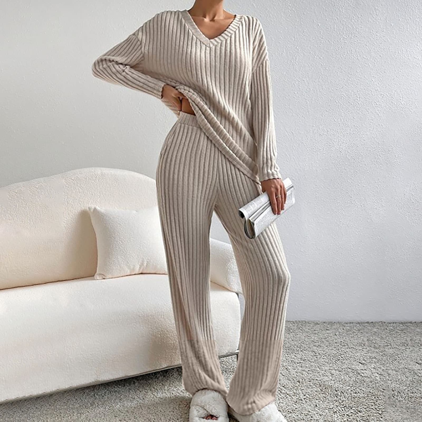 Women's Clothing Knit Two-Piece Set Casual Comfortable Straight Pants V-Neck Ribbed Top Autumn Outfit​​