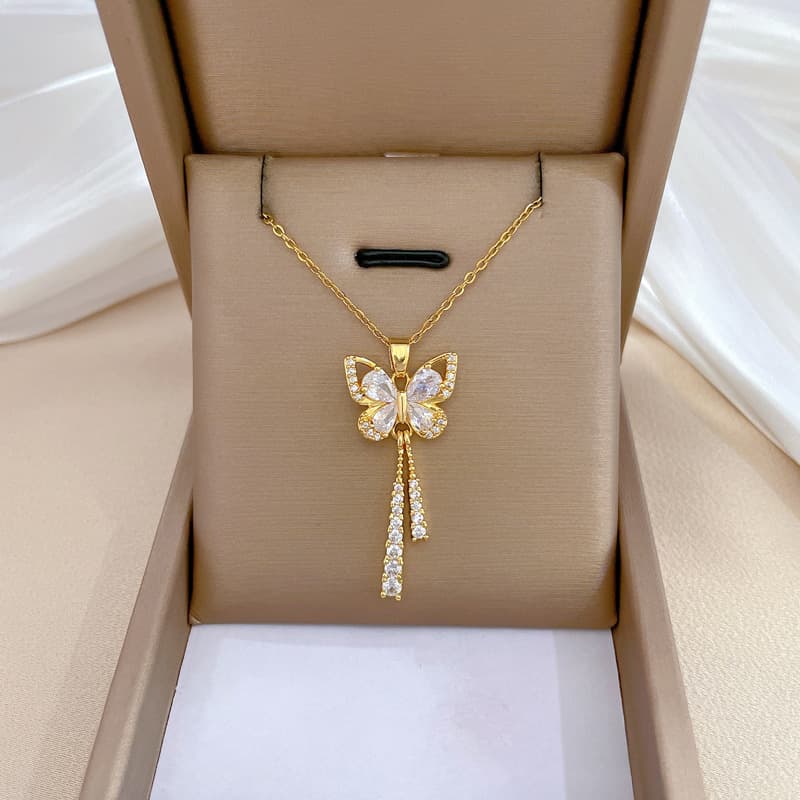 Butterfly Tassel Titanium Steel Necklace For Women Pendant Versatile Luxurious Collarbone Chain Fashion Jewelry Gifts No Fading