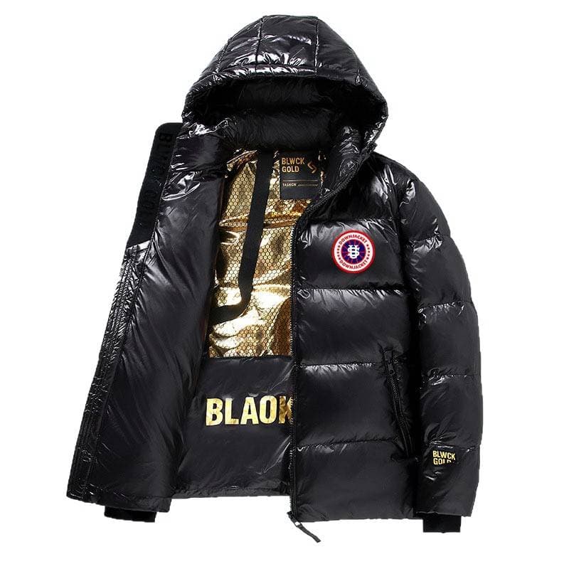 Unisex US Map Embroidered Puffer Jacket - Black & Gold Short-Length Winter Coat, Streetwear Outerwear