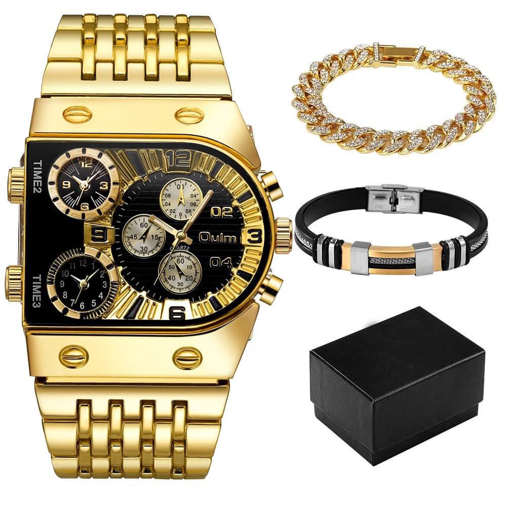 Montre à quartz multi-fuseaux horaires pour homme en acier inoxydable avec grand cadran lumineux et coffret cadeau. Montre à quartz décontractée avec bracelet en acier.