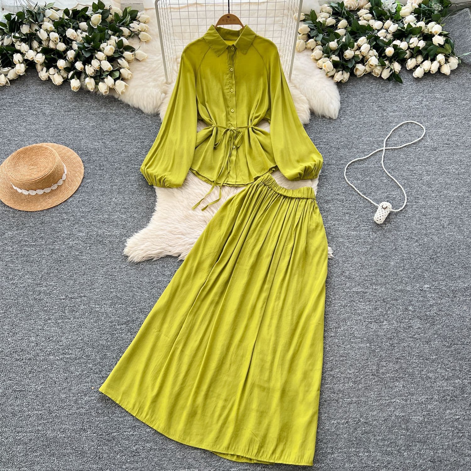 Women’s Clothing Minimalist Style Solid Color Temperament Suit Women's Spring Puff Sleeve Tie Shirt + Elastic Waist Slim Long Skirt