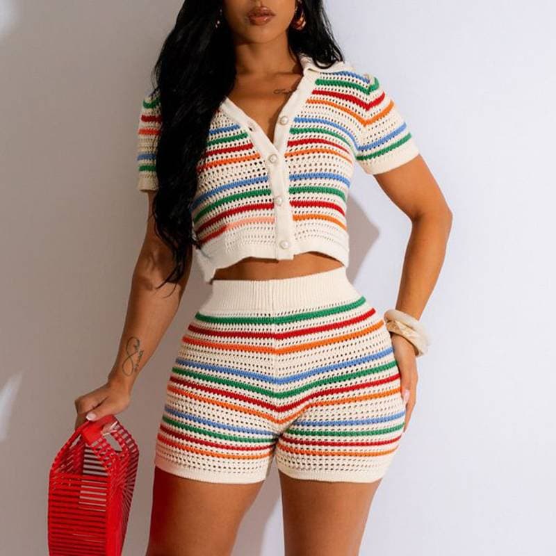Women's new sexy knit short sleeve shorts in contrasting colors casual two-piece set