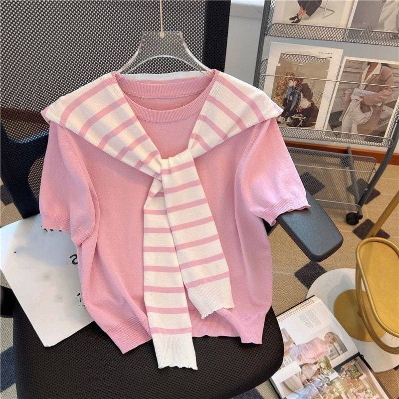 Women's Clothing White Short Sleeved Summer New Sweater With Striped Shawl Design Niche Two Piece Top Women's T Shirt
