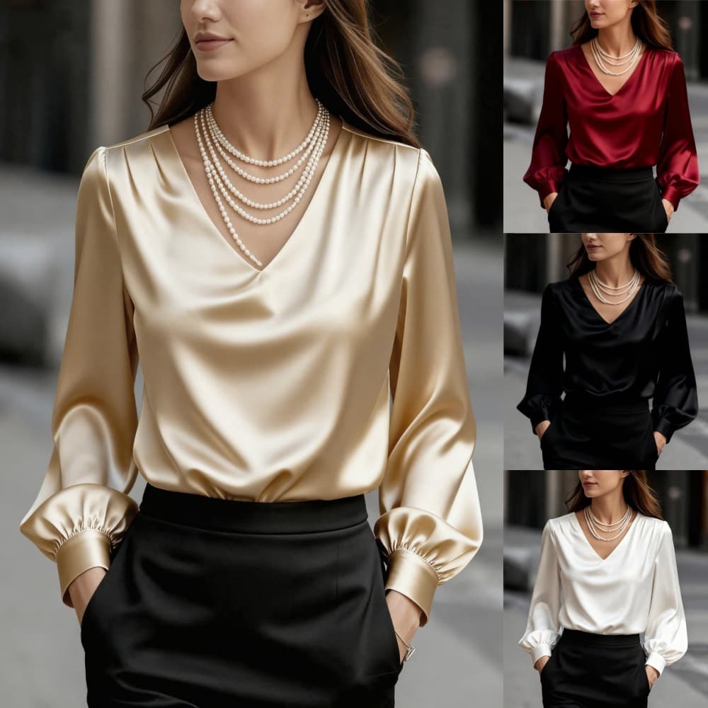 Elegant V-Neck Blouse With Puffed Sleeves & Satin Finish For Women – Chic Office & Casual Wear In Black, White, Beige, Red (S-Xxl)​​