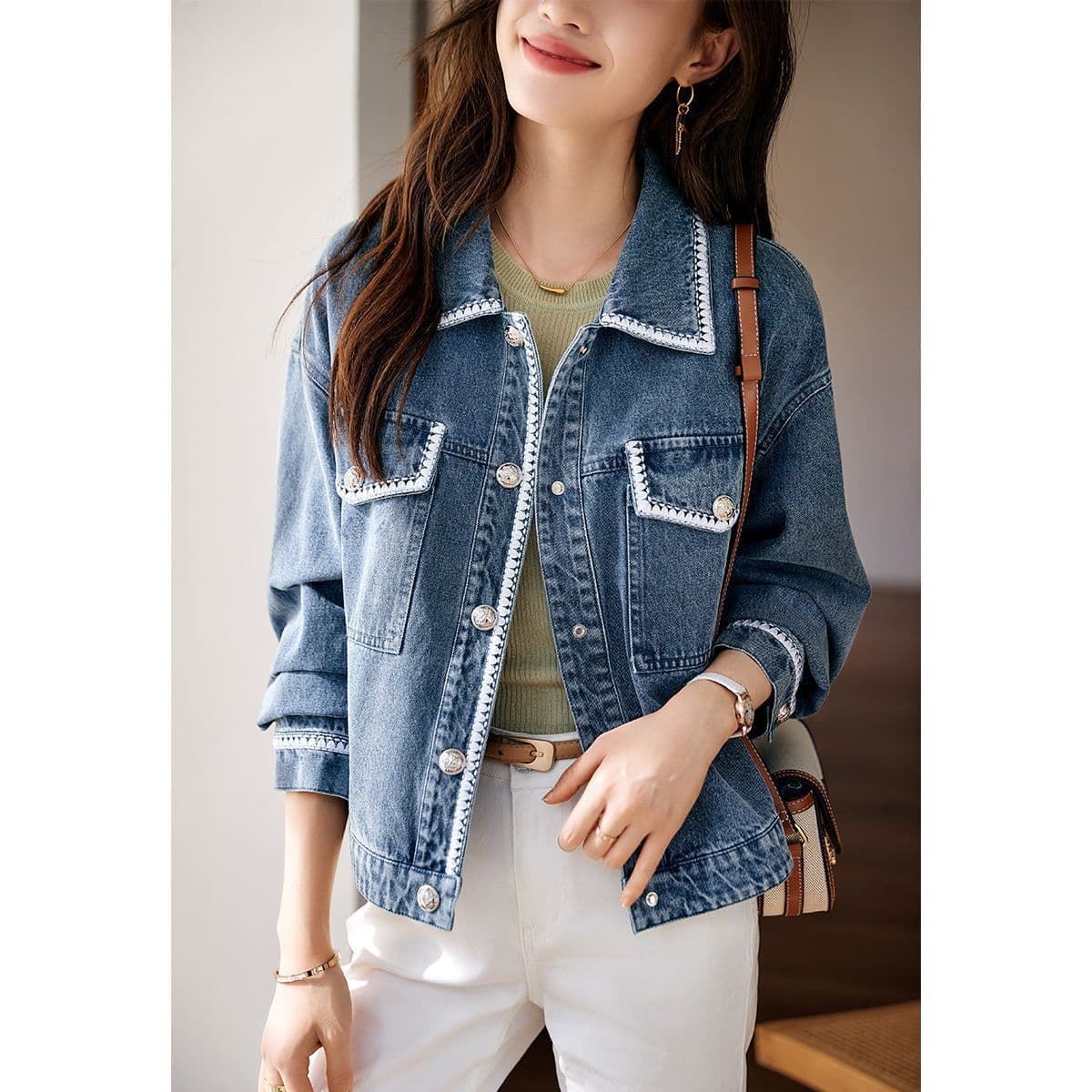 ​​Women’s Lightweight Denim Jacket With Ribbon Trim – Loose Fit, Youthful Style (S-3XL, Bluish/Light Blue)​​