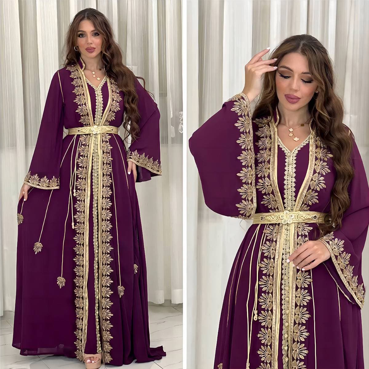 Elegant Muslim Robe For Women - Long Sleeve Two-Piece Set With Webbing Detail | Modest Dress