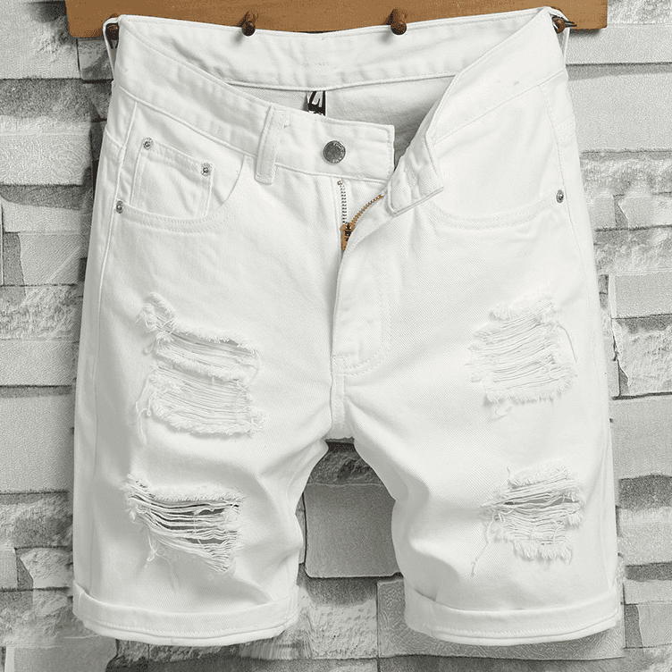 Men's Clothing Denim Shorts Thin White Ripped Mid Length Pants Five Point Jeans