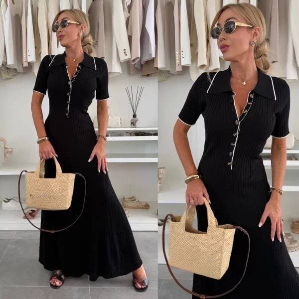 Women's Clothing Lapel Slim Fit Temperament Splicing Contrast Color Hip Wrapped Short Sleeve Long Single Breasted Knitted Dress For Women