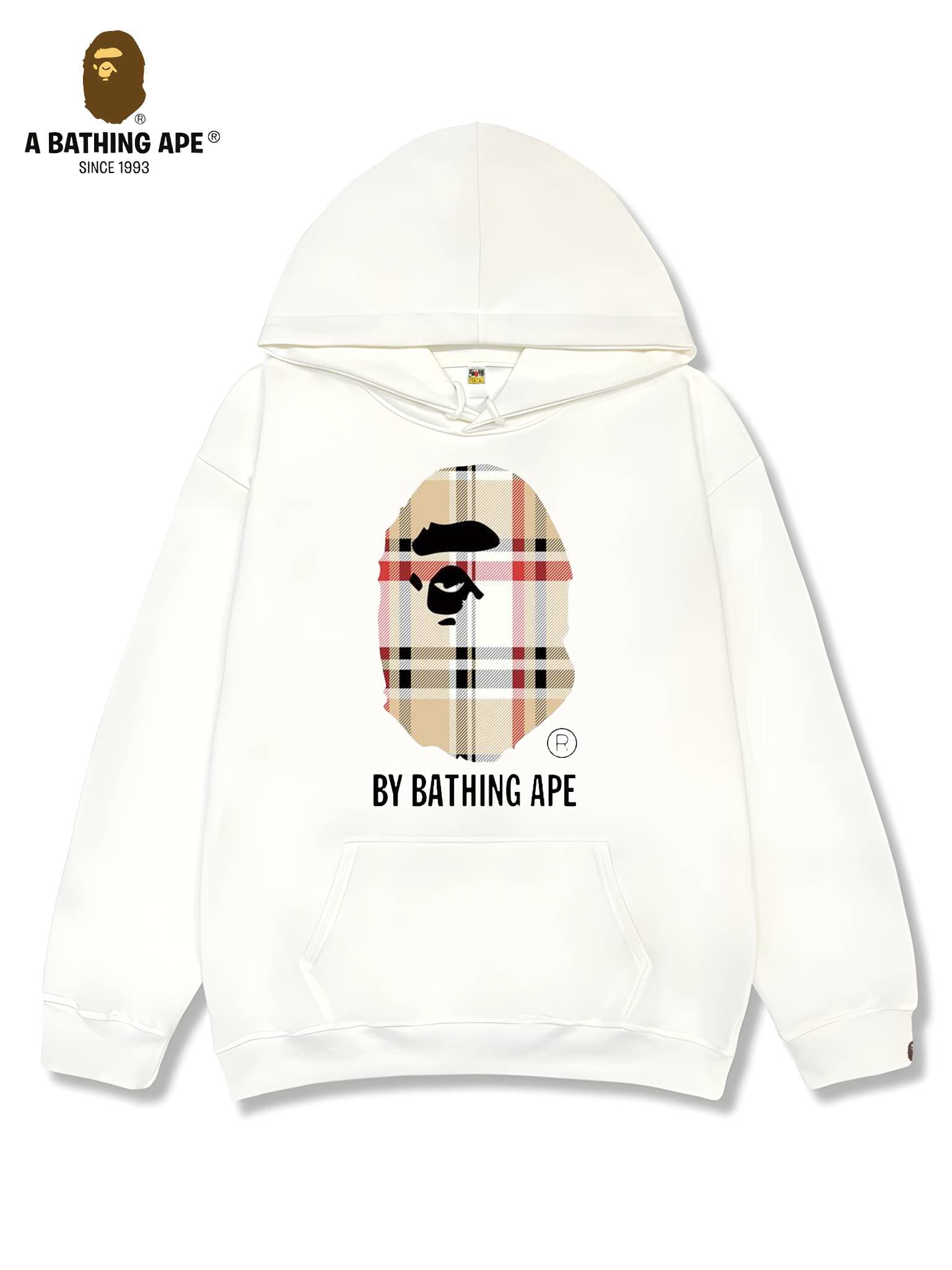 A Bathing APE BAPE-BAPE&BB Checkered Striped Monkey Head Letter Print High-quality Pure Cotton Hooded Sweatshirt Unisex
