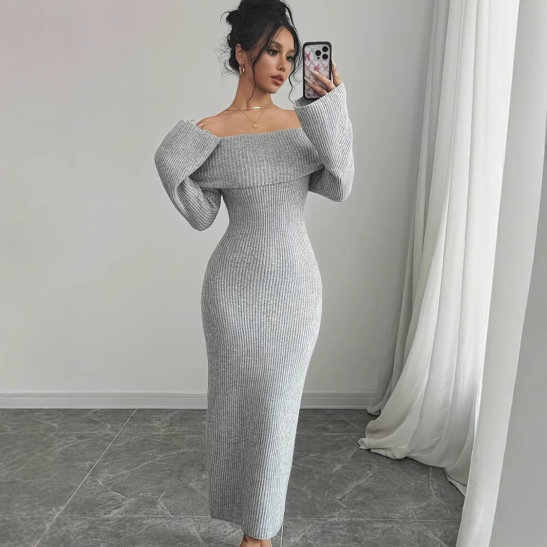 ​​"Women’s Long Sleeve Sweater Dress – Elegant Maxi Skirt With Slim Fit (XS/M/L/XL, Greyish)"​​