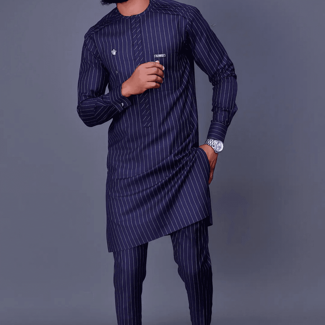 Men's Striped Printed Long-sleeved African Style Suit