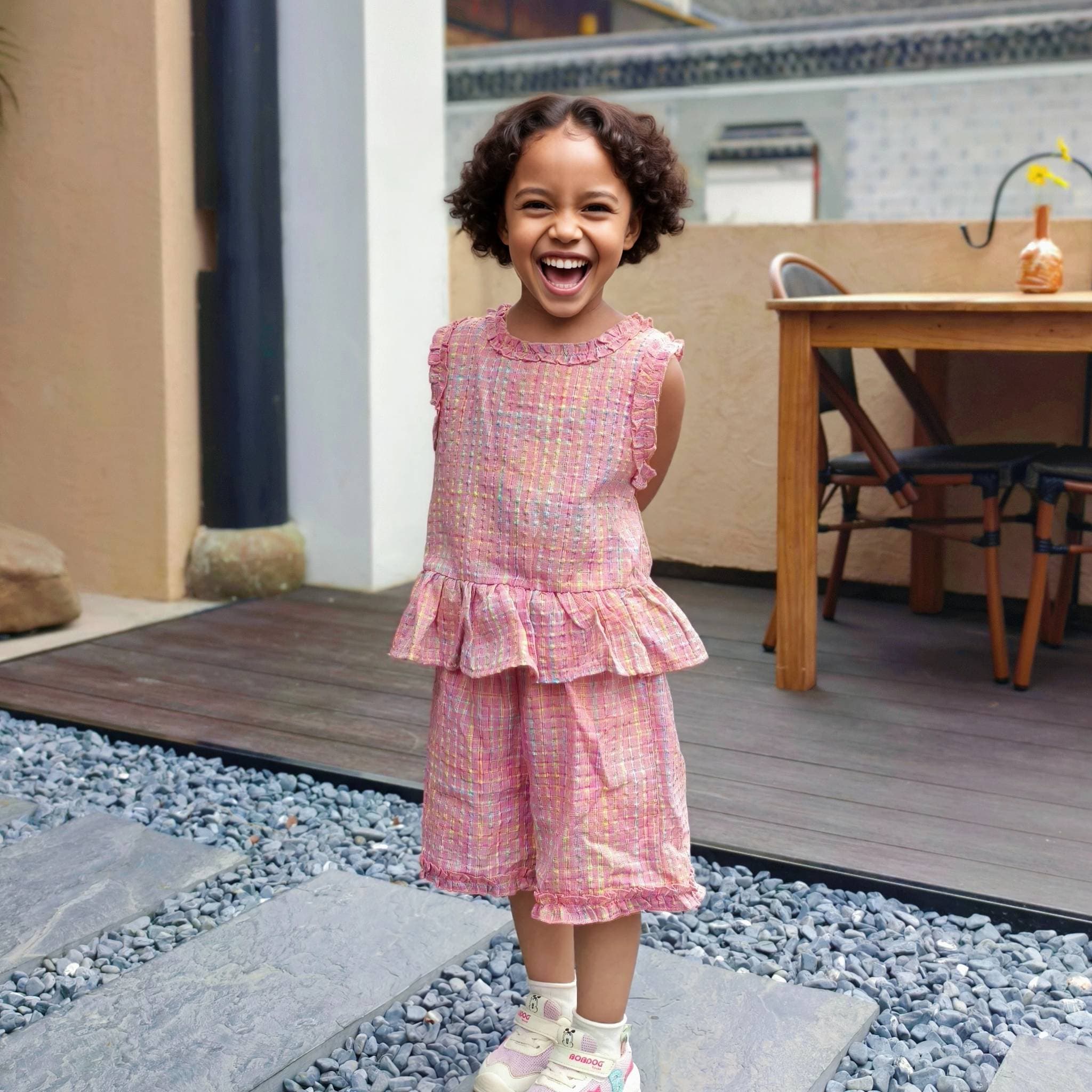 Girls' Lace Trim Set – Sleeveless Top & Wide-Leg Pants (Color Block Plaid Summer Outfit)​