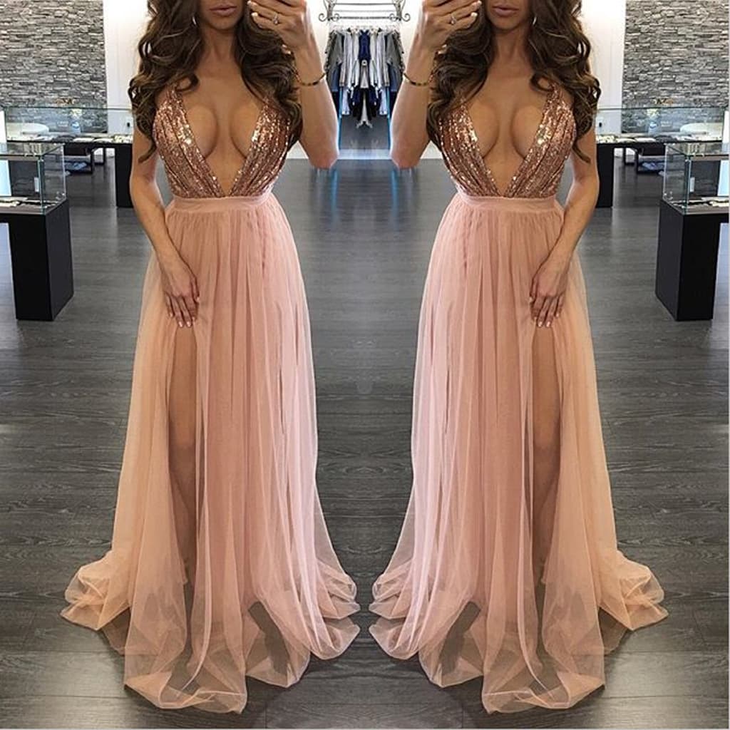 Women's sexy mesh splicing sequined suspender backless dress