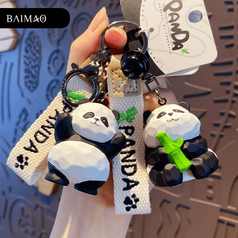 Bag Pendant Handcrafted Panda Couple Keychain - Resin & Wood Carving Style With Bamboo Accents (Exquisite Gift Idea)