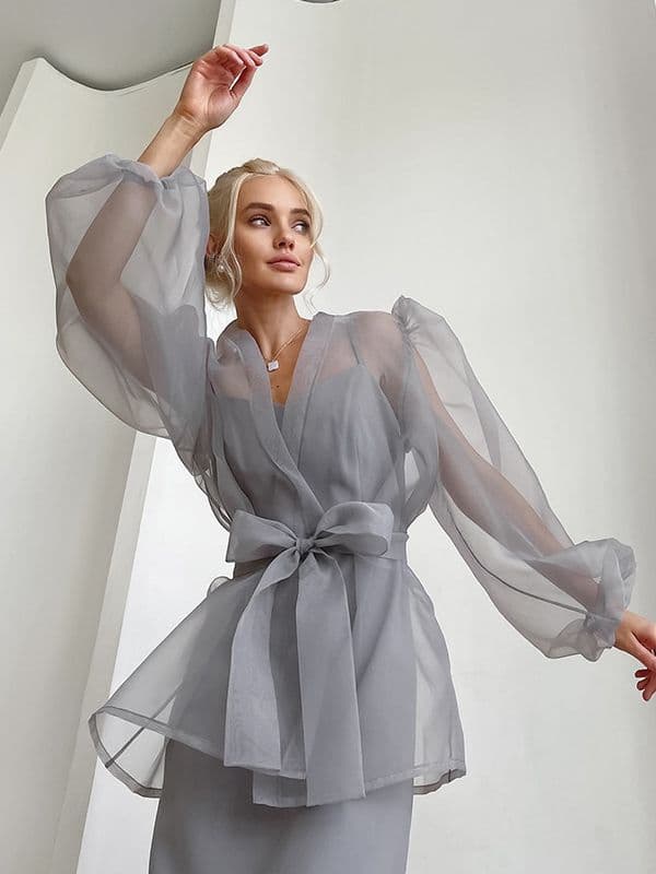 Women's Clothing Fashion Sexy See-through Jumpsuit Puff Sleeve Ladies Shirt