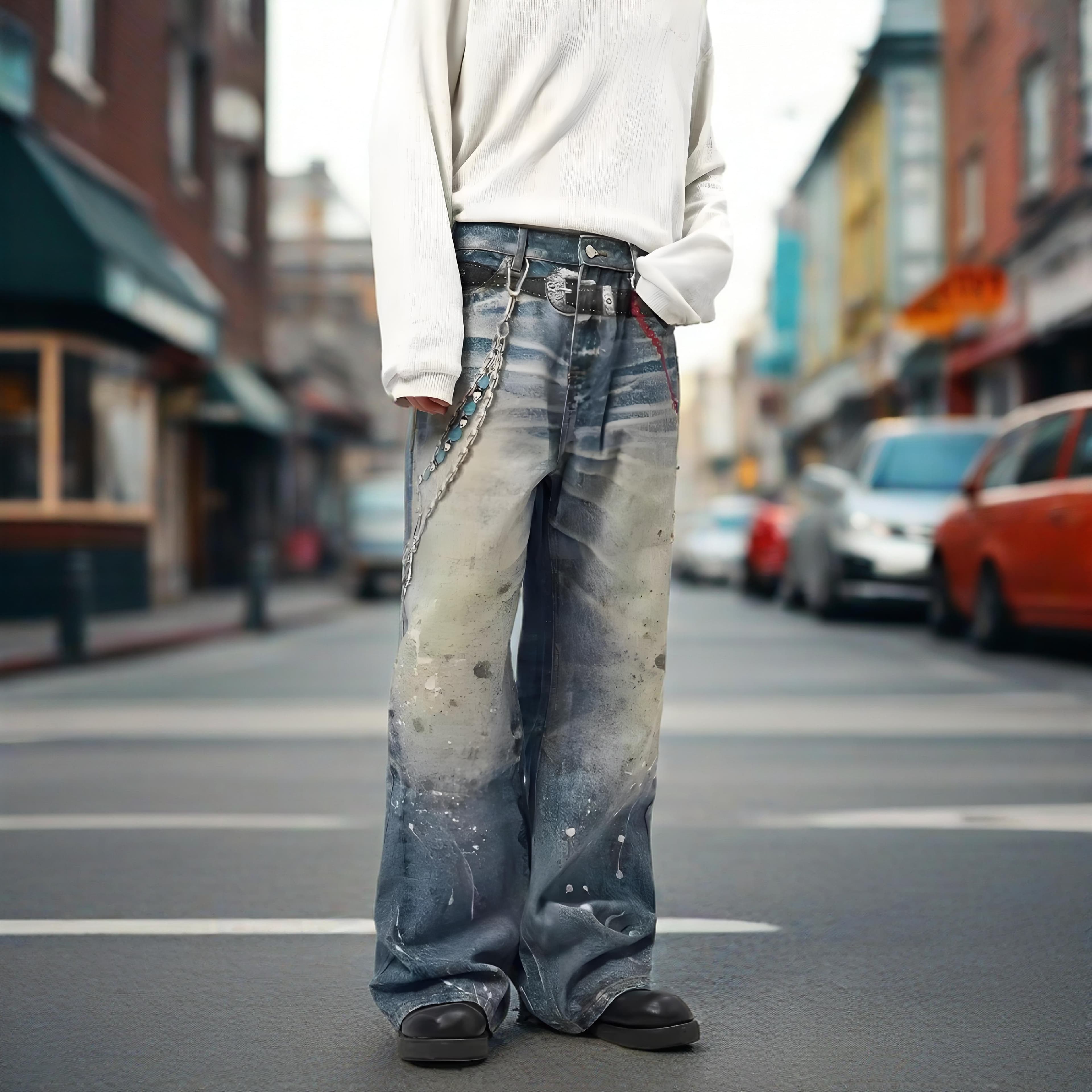 Vintage Washed Denim Jeans With Chain Accent & Paint Splatter – Relaxed Straight Fit (S-XXL)