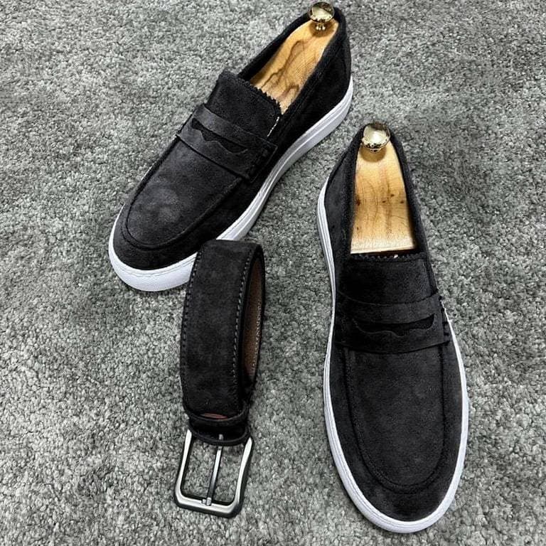 Men's Suede Loafers Bslt Set – Slip-On Driving Shoes With Vintage Buckle Belt (Genuine Leather)​