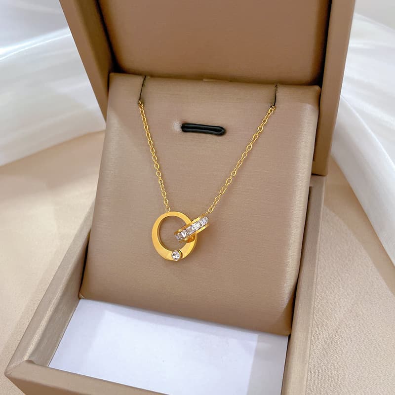 Stainless Steel Double Circle Zircon Pendant Necklace For Women Girl New Fashion Clavicle Chain Choker Jewelry Gift Wedding