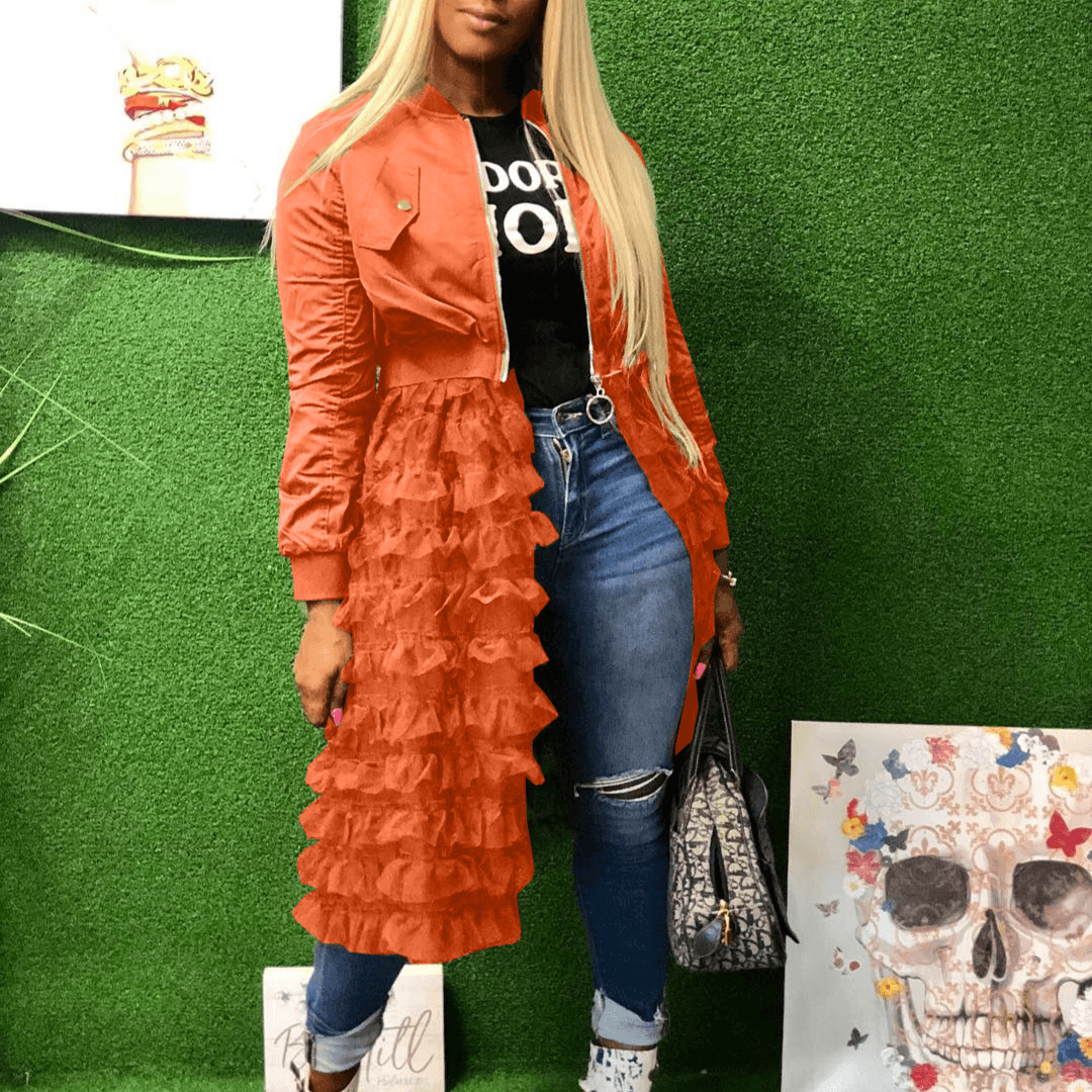 Women's fashion zipper solid color jacket + mesh lace skirt coat