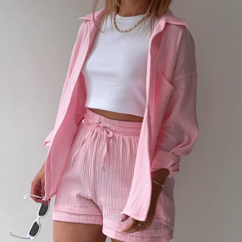 Women's long-sleeved shirt high waist drawstring shorts fashion casual two-piece suit