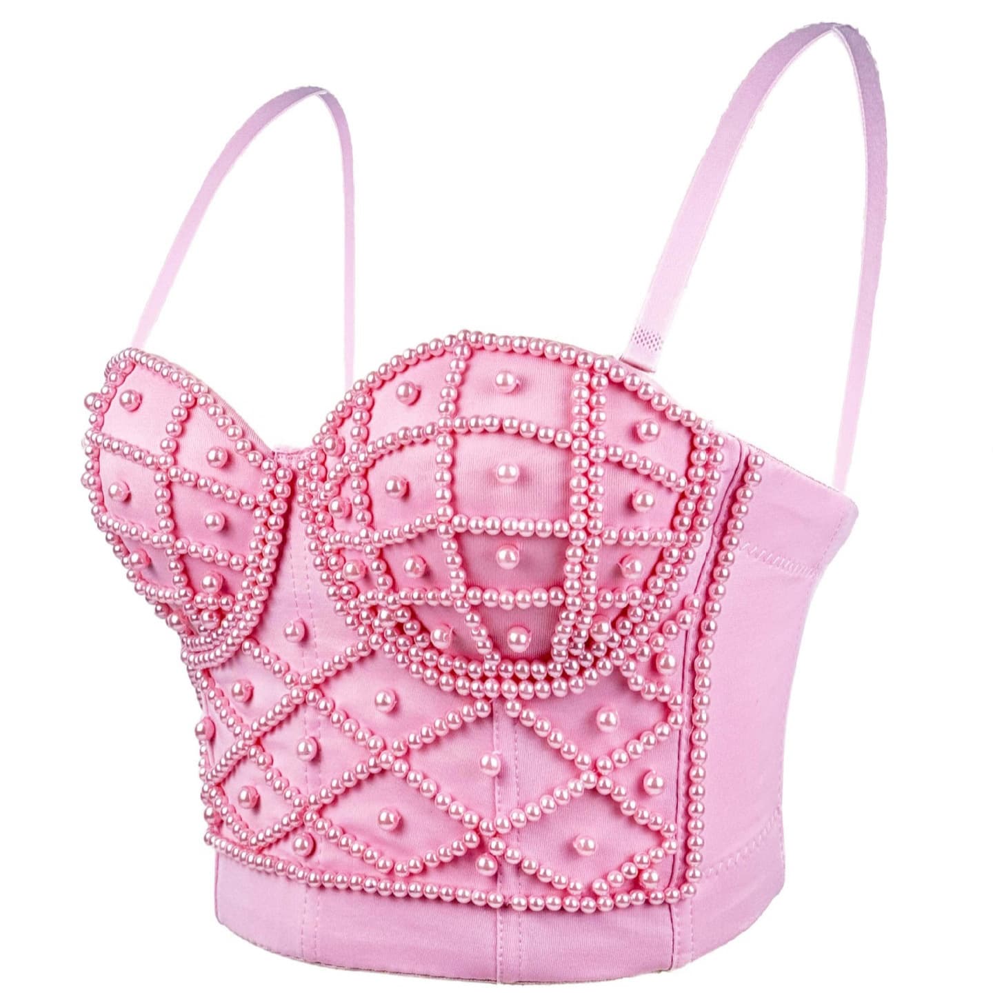 Pearl-Trimmed Corset Bustier Top – Sexy Boned Cami With Adjustable Straps & Lace Detailing