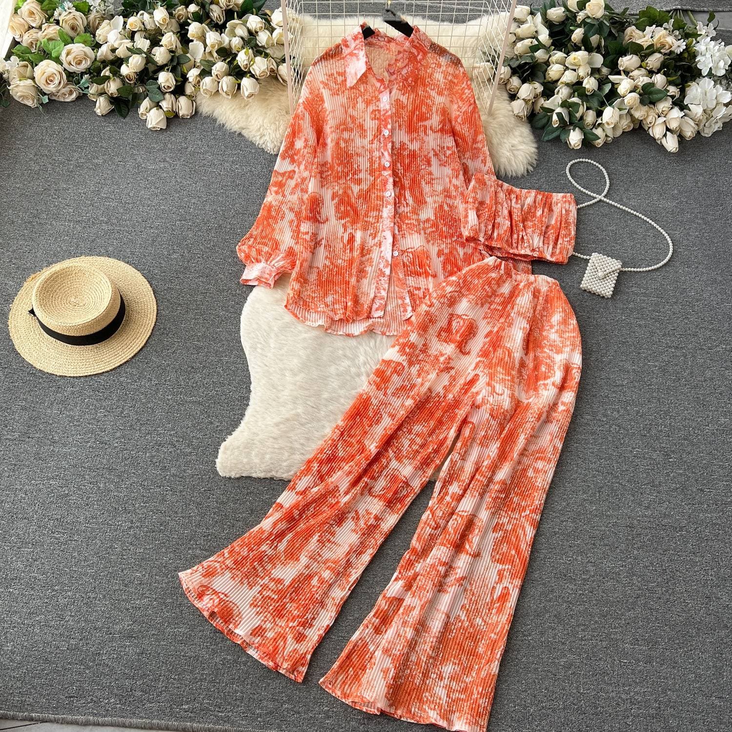 Pure Desire Fashion Suit Women's Spring and Summer Loose Pleated Shirt + Tube Top + Drapey High Waist Pants