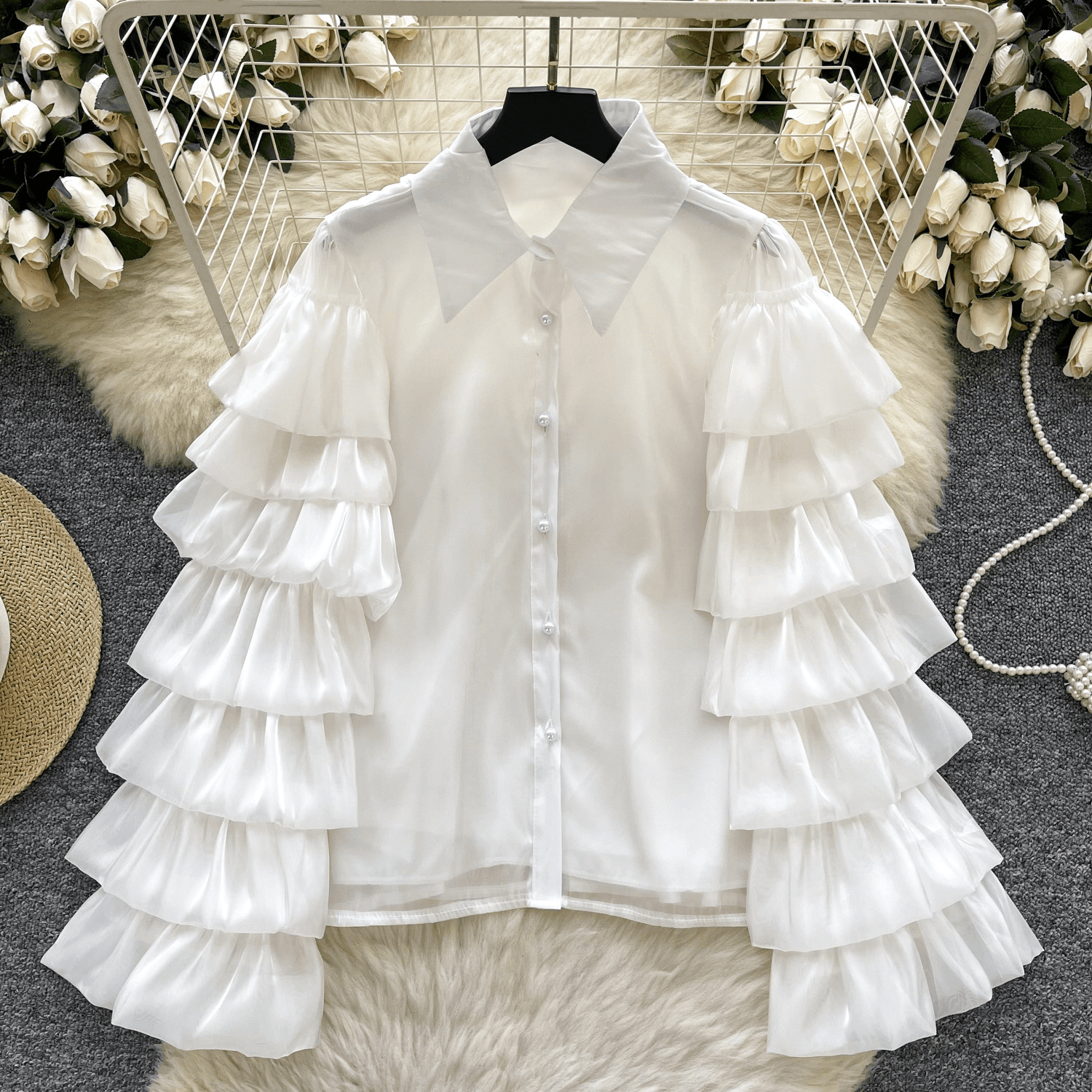 Women’s Clothing French High End Lady Layered Ruffled Long Sleeved Shirt Female Fashionable All Match Streamer Satin Top