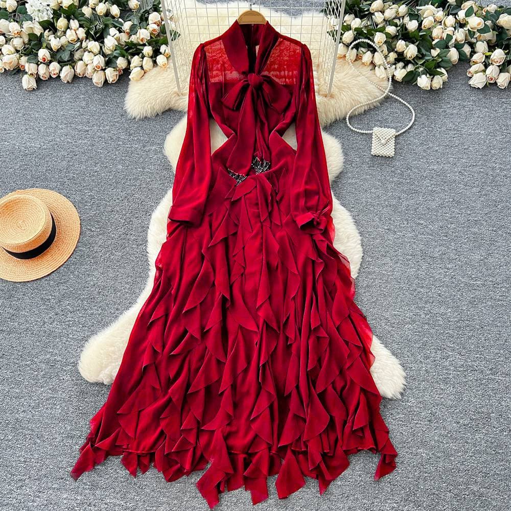 Women's Clothing French-Inspired Bow-Tie Waist Wrap Dress With Flounce Hem – Elegant Long Sleeve Ruffle Neck Dress For Women ( Sizes M-XXXL)