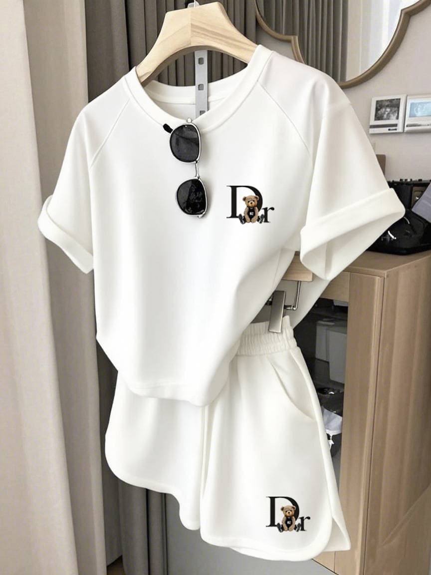 Women's Clothing Hot Selling Women's Fashion Casual Printed Round Neck Mid Length Top Shorts Two Piece Set