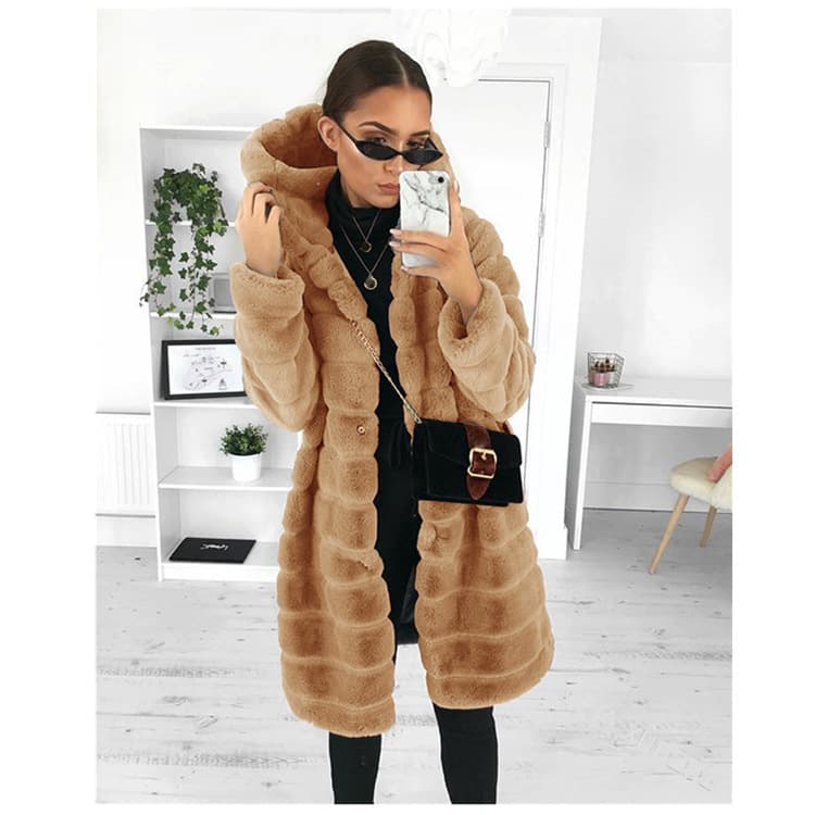 Manteau mi-long à capuche en peluche de couleur unie pour femme