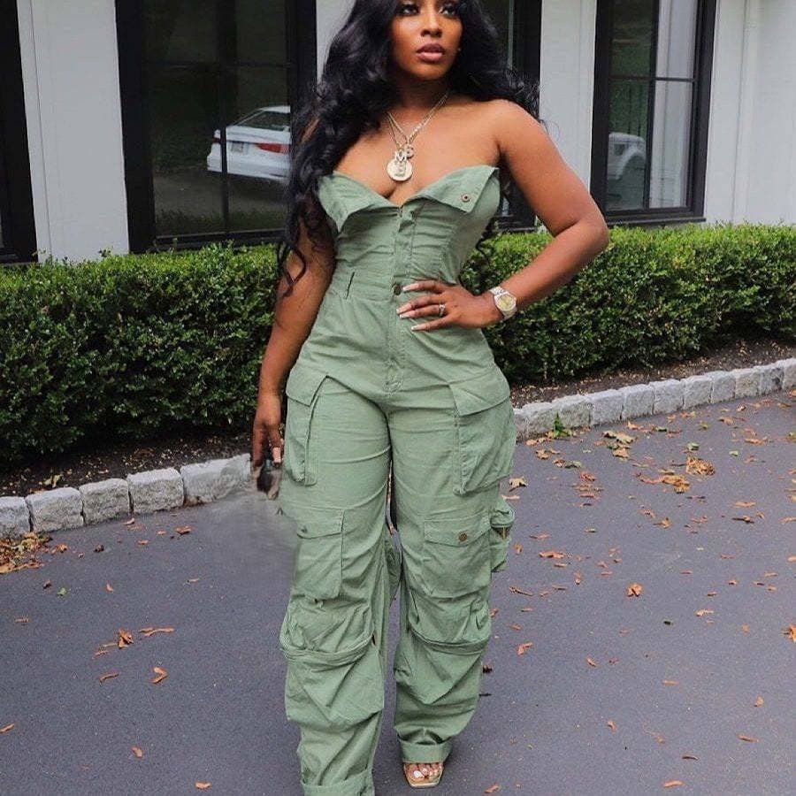 Women's Clothing New Fashion Sexy Tube Top Single Breasted Multi Pocket Workwear Jumpsuit