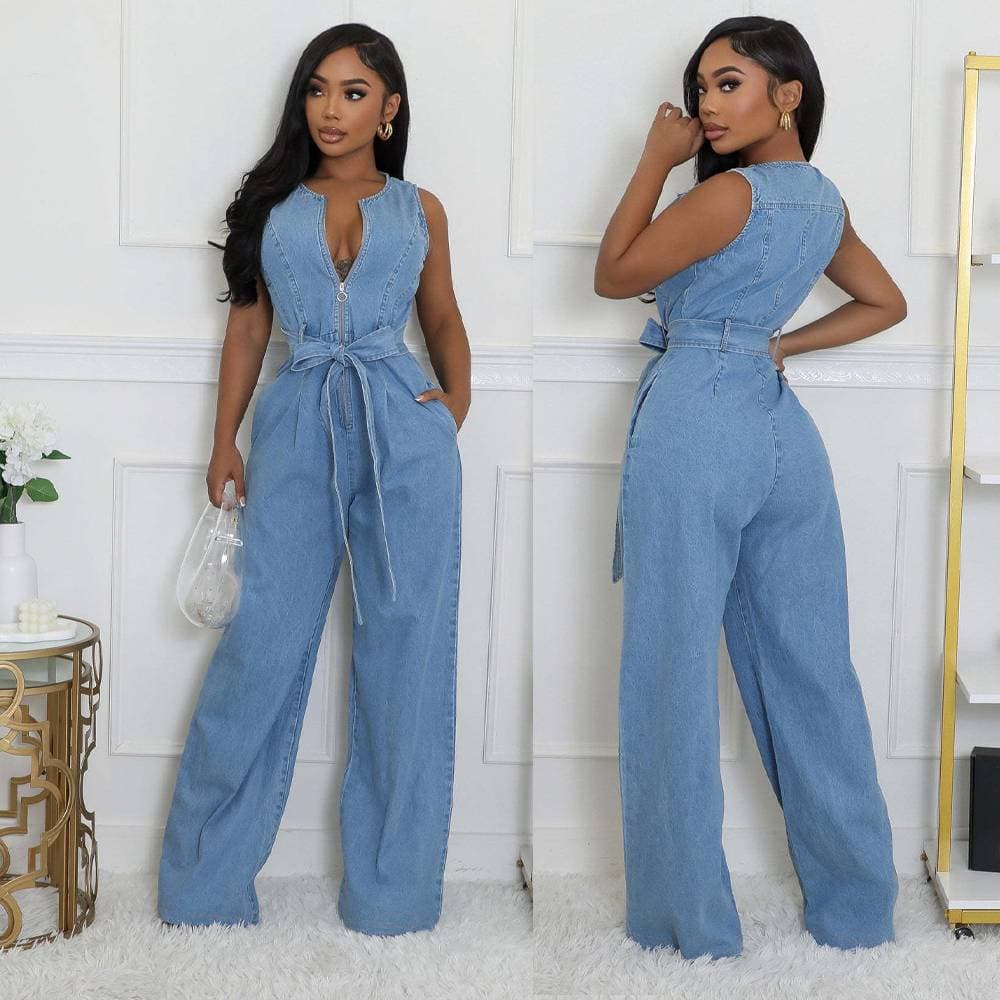Women's Clothing Tight Waist Slim Elastic Washed Denim Jumpsuit