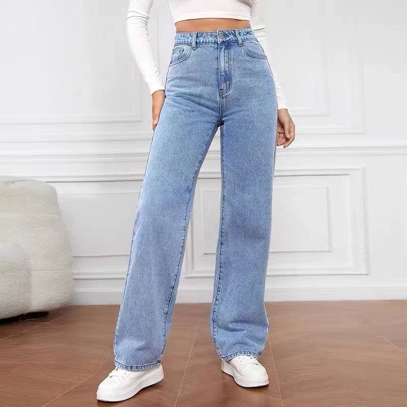 High-waisted Women's Fashionable Street Style Fleece-lined And Unlined Washed Loose Wide-leg Straight-leg Pants