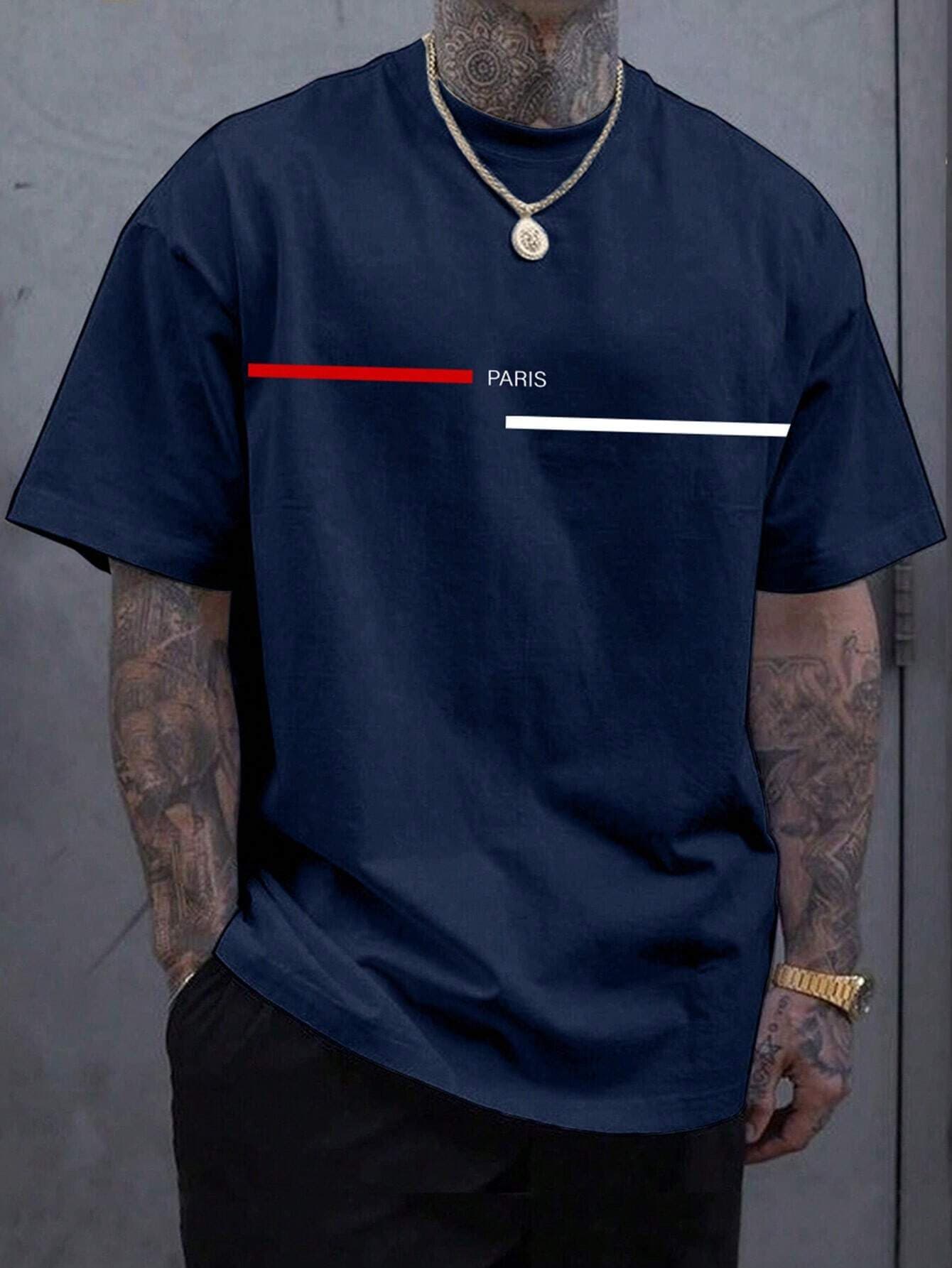 100% Pure Cotton Men's Summer Fashion Short Sleeved Paris Pattern Printed Casual Slim Fit Versatile T-shirt Top