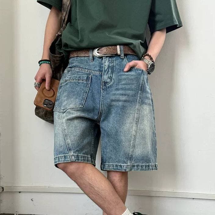 Unisex Summer Denim Shorts 2026 Retro American Patchwork Design Loose Fit Five Point mid Waist Blue with Pockets Machine Washable