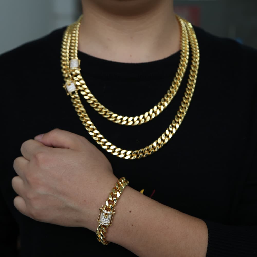 Hip Hop Rap Cuban Chain Gold Plated Bracelet Encryption Chain Cuban Men's Necklace Necklace