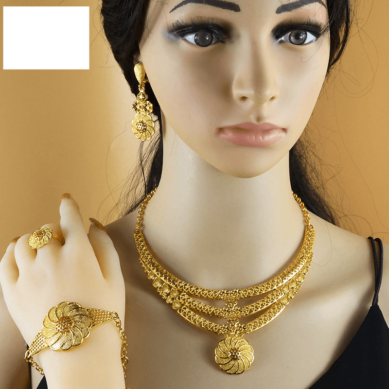 Gold jewelry set bride necklace bracelet earrings ring four-piece set
