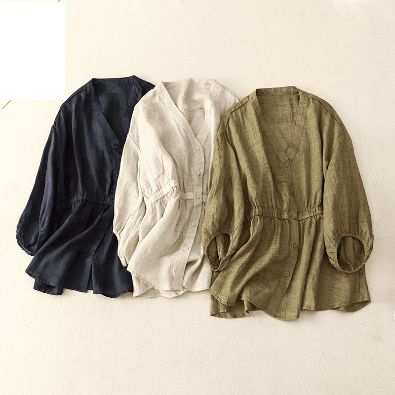 [Cotton Linen] Women's Clothing Cotton And Linen V-neck Waist Waist Five-quarter Sleeve Shirt Women's Loose Thin Cotton And Linen Top
