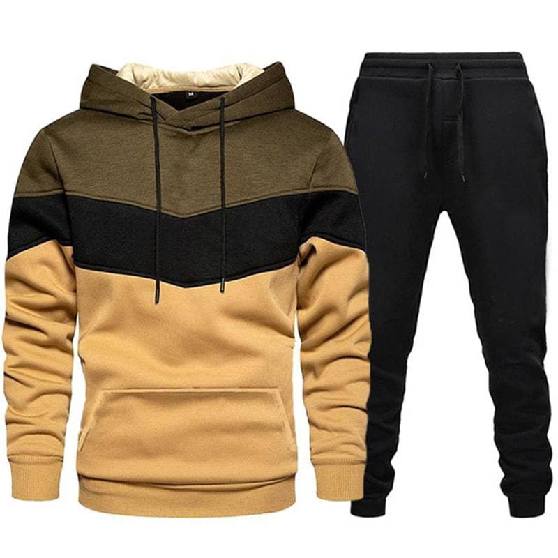 Men's Clothing stitching sweater hoodie trousers suit plus velvet warm sweatshirt pullover suit