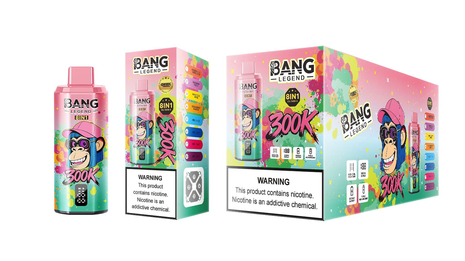 Bang Legend 300K 8 en 1 Vape jetable à huile de chicha, réservoir, 4 grands écrans numériques de comptage des bouffées, charge rapide USB-C, bat