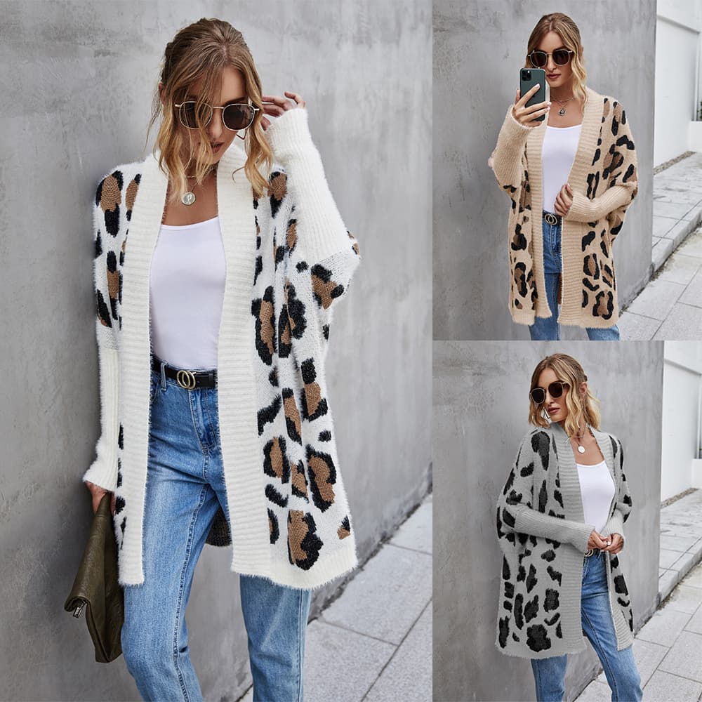 Women's cardigan coat personality fashion Leopard knit sweater