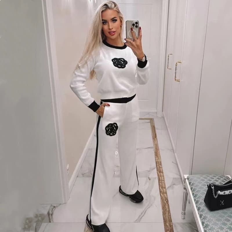 Women's clothing camellia casual suit women's fashionable style knitted wide-leg pants woolen two-piece set