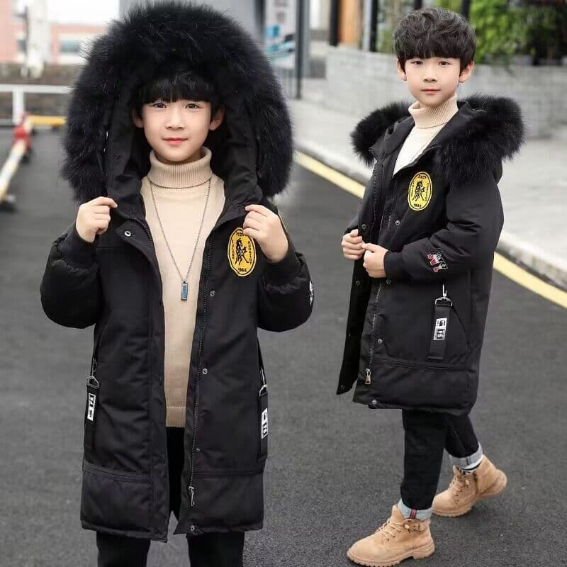 Winter New Style Boy Down Cotton Coat Korean Style Medium And Large Children's Children's Thickened Large Fur Collar Medium And Long Cotton Coat
