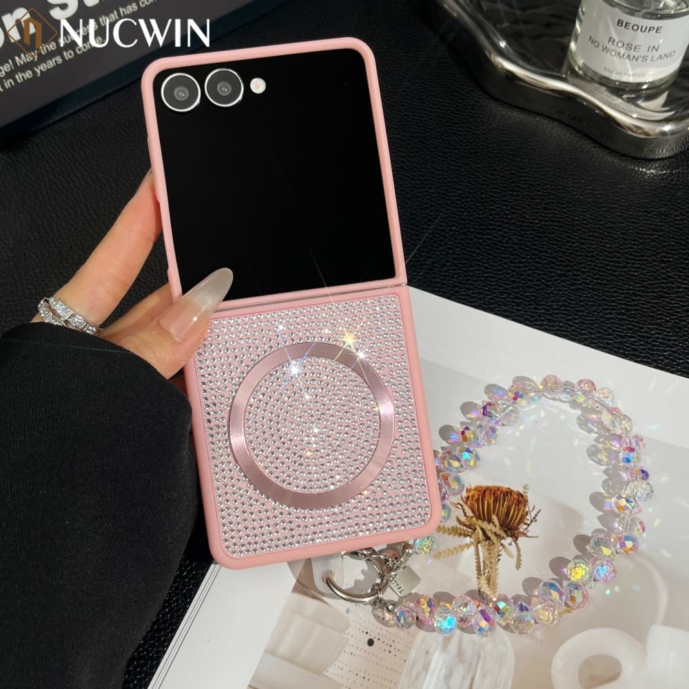 Bling Glitter Magnetic Charge Phone Case For Samsung Galaxy Z 6 5 4 3 Flip 7 Shockproof Wrist Strap Cover