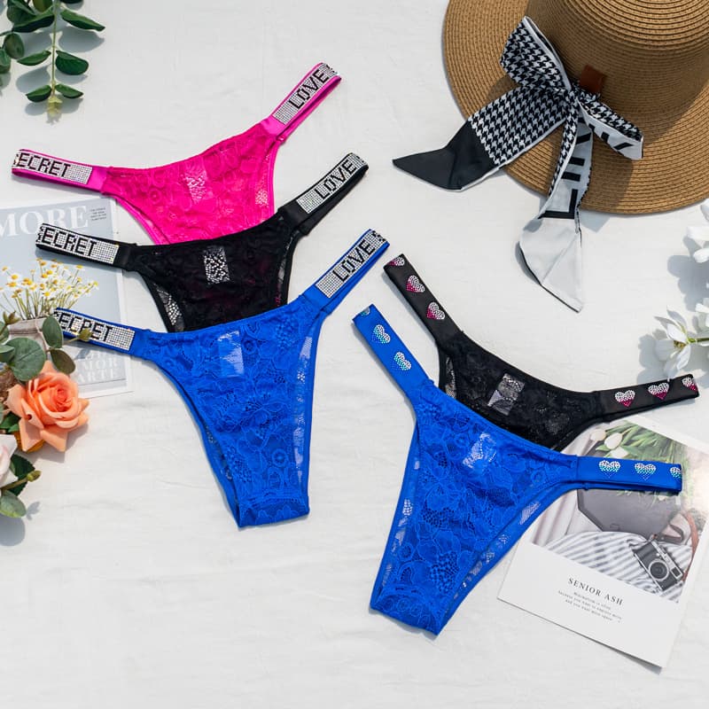 Women's Rhinestone sexy I lace low waist seamless women's underwear perspective sexy half hip bottoming underwear