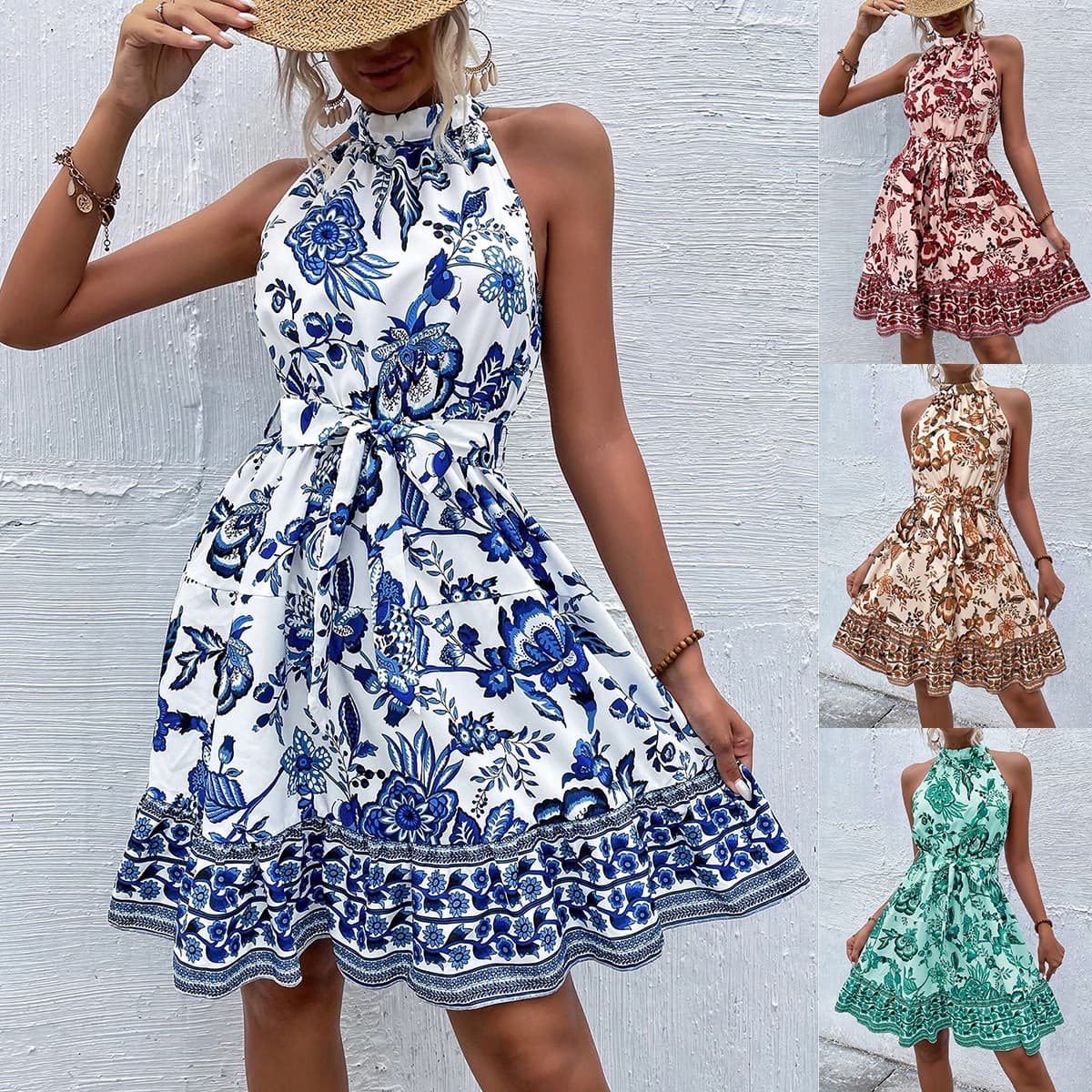 Women's Clothing New Floral Halter Neck Dress