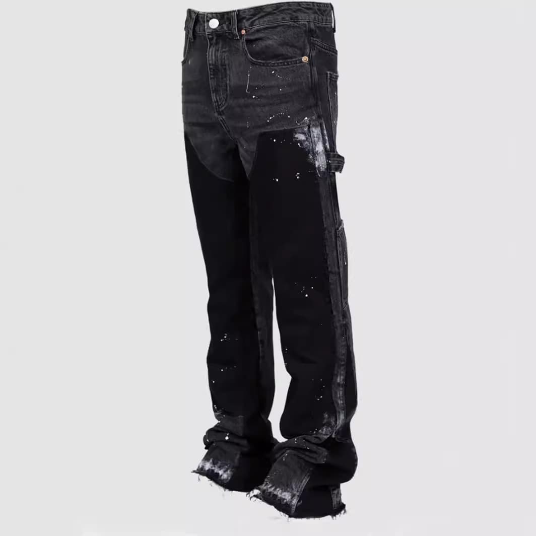 Men's Workwear Pants, Fashionable Ins Workwear, Elastic Patch Denim Layered Flared Pants