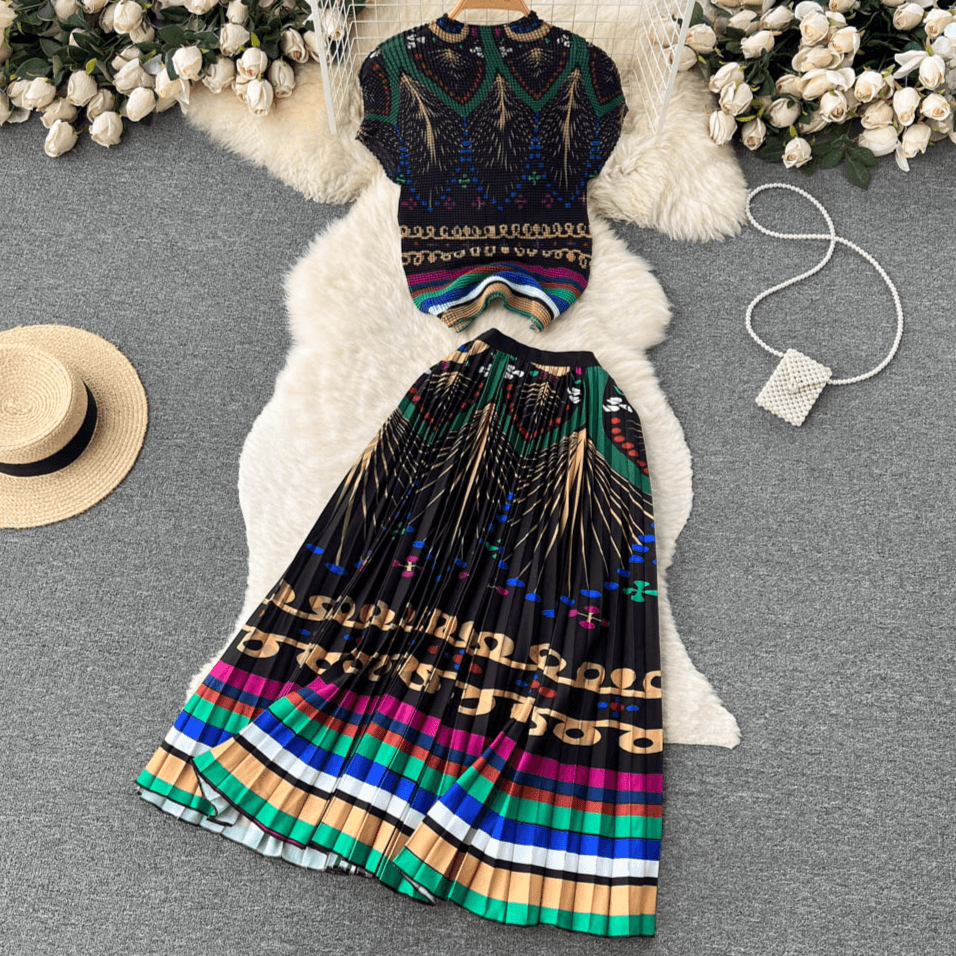 Women's Clothing Spring And Summer New Holiday Style Printed Set Women's Fashionable Top Pleated Skirt Two-piece Set