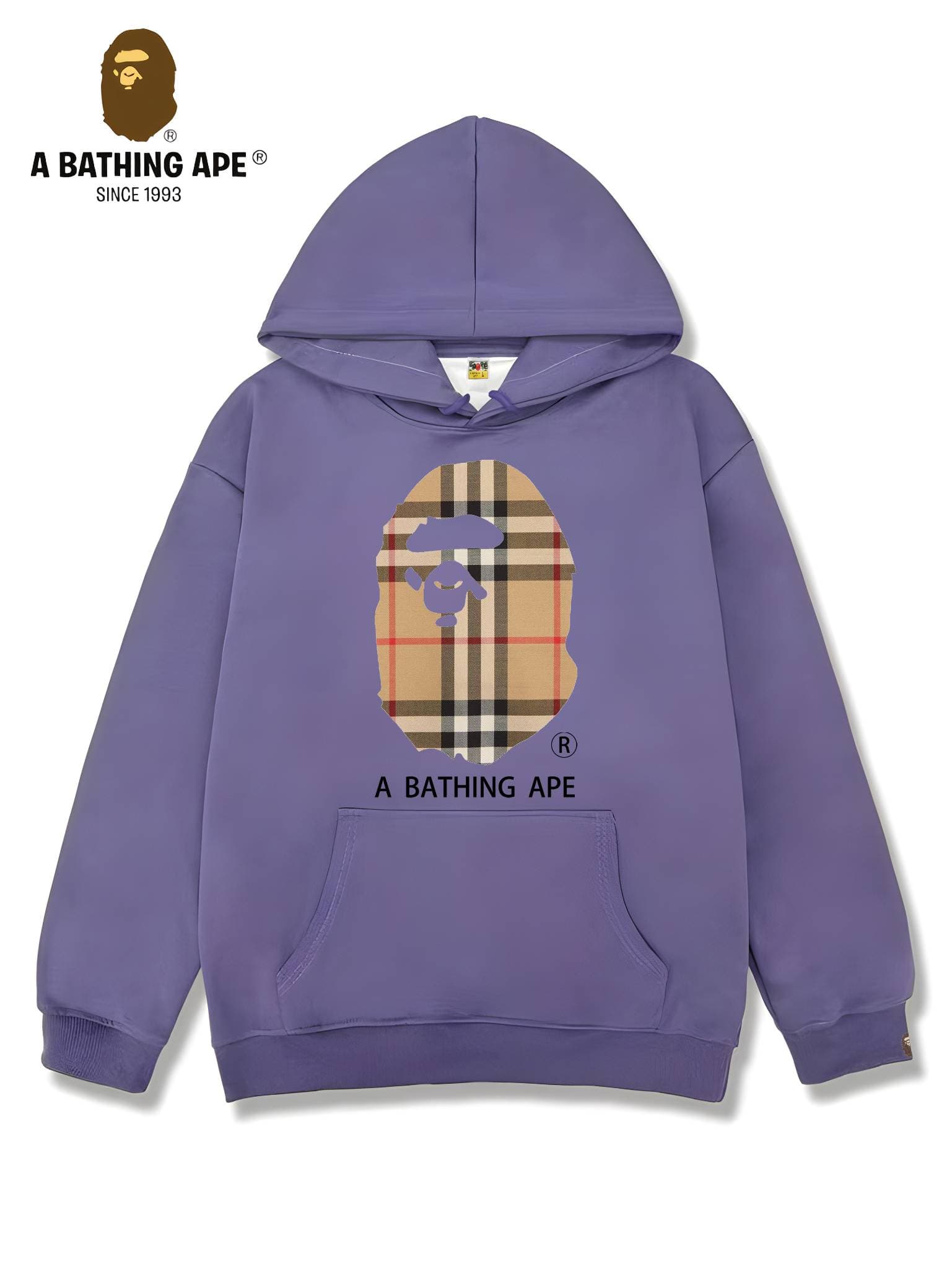 Sweat à capuche unisexe imprimé tête de singe à rayures et logo imprimé, collaboration BAPE-BAPE&BURBERRY