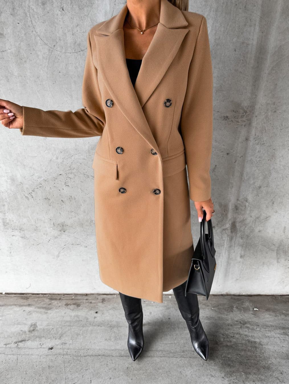 Versatile Double-Breasted Wool Blend Coat – Spring Essential Long Sleeve Women’s Trench With Functional Pockets